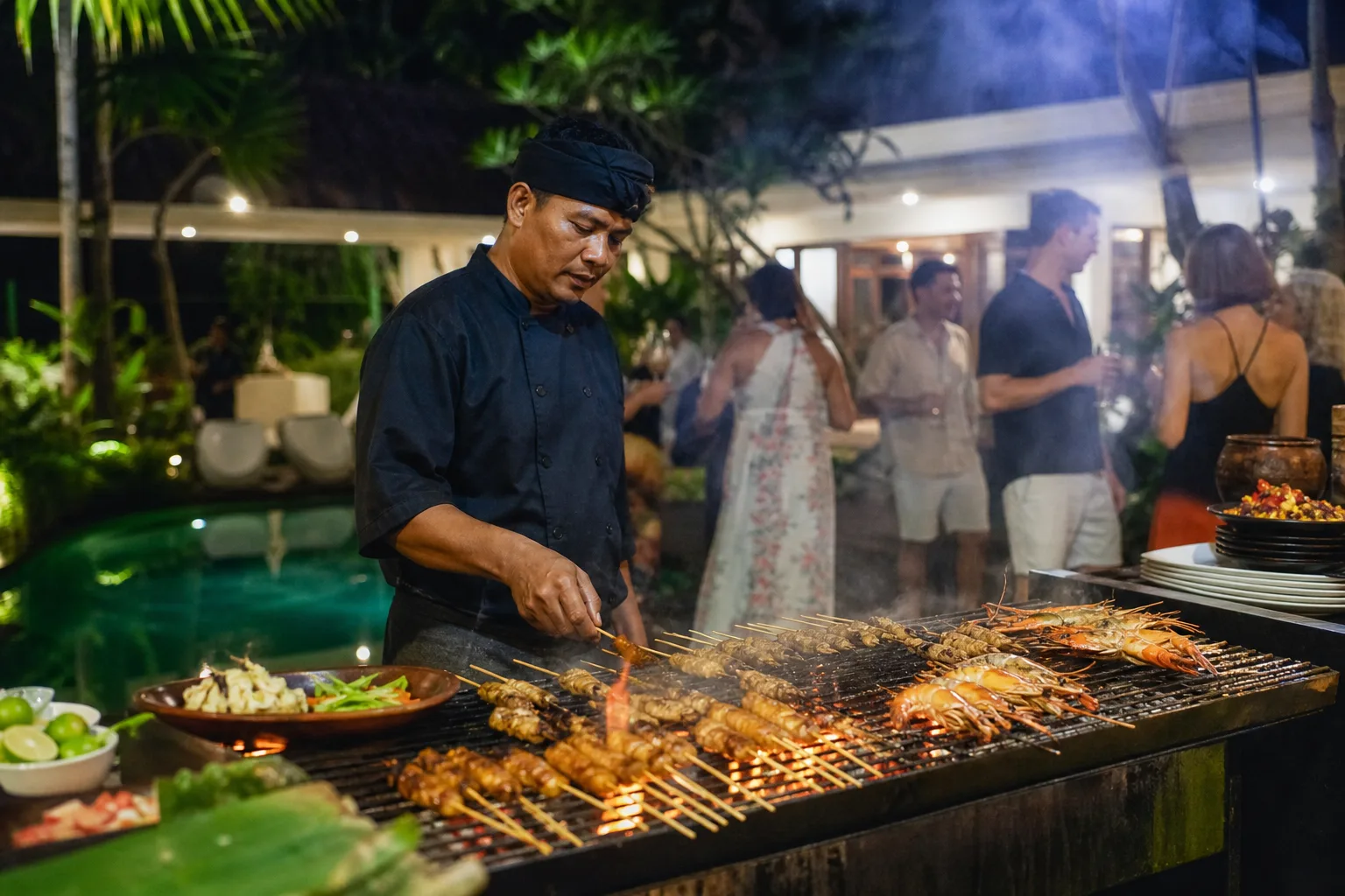 Live BBQ station at a Bali villa birthday party