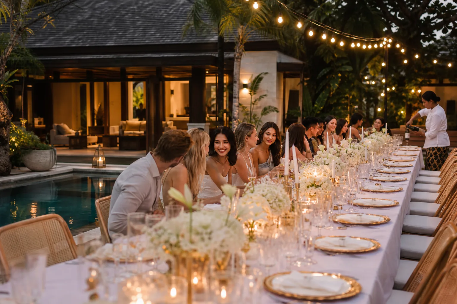 Glamorous white and gold birthday evening setup at a Bali villa