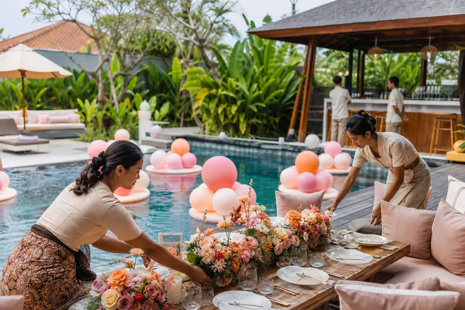 Poolside birthday setup with decor and staff at a Bali villa