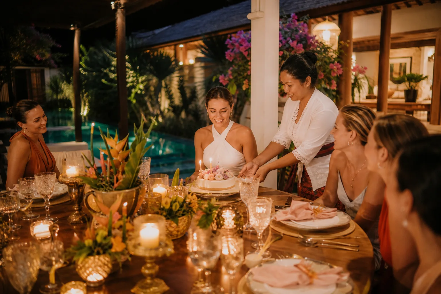Family-friendly birthday table setup with fresh food and safe portions at a Bali villa