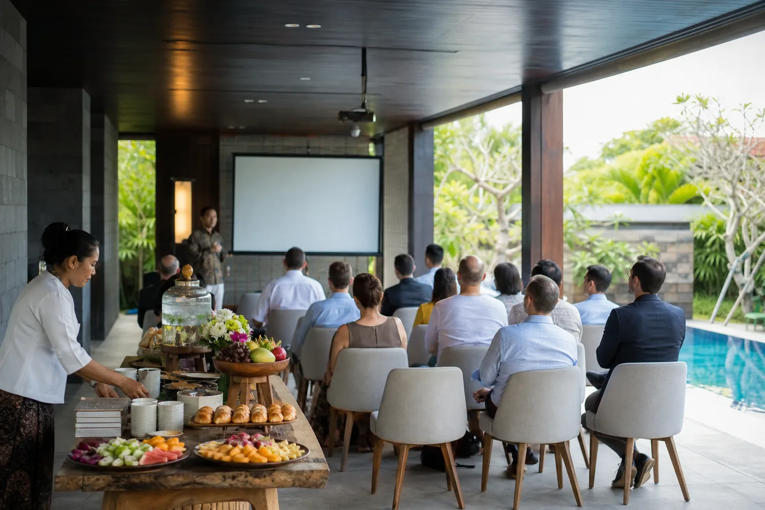 Corporate conference setup with coffee break catering in a Bali villa