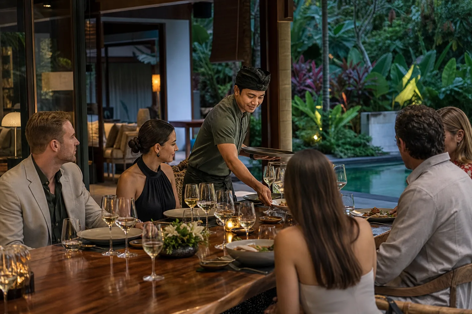 Executive corporate dinner environment at a Bali villa
