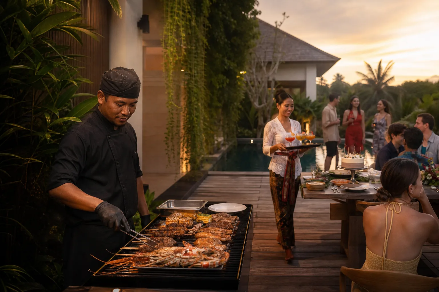 Sunset birthday pool party setup at a premium Bali villa