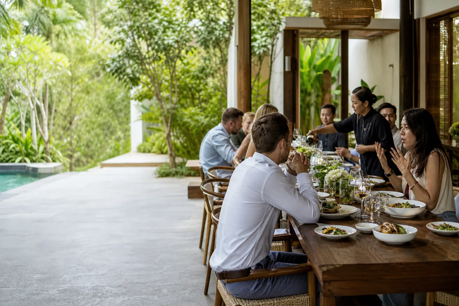 Corporate team lunch at a modern Bali villa with professional service