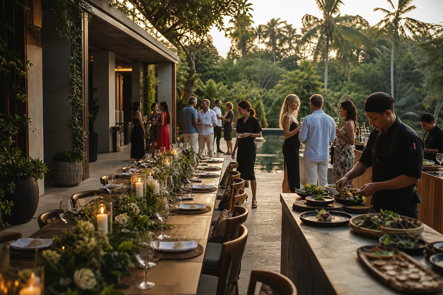 Luxury villa event in Bali with styled dining and celebration setup