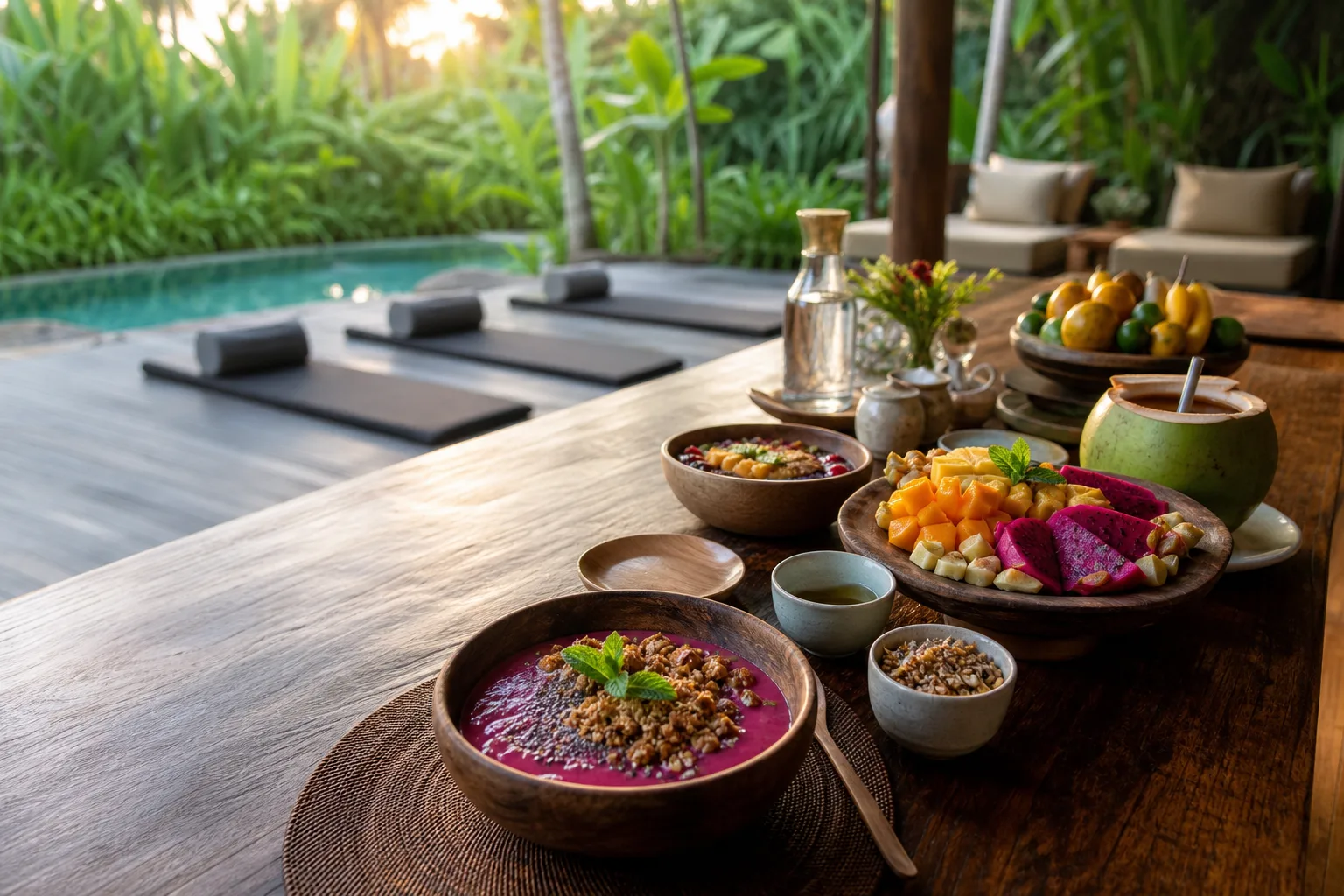 Healthy retreat breakfast spread by a Bali villa pool at sunrise