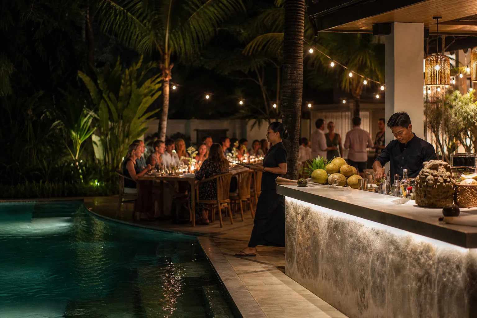 Night-time Bali villa party with bar, pool and festoon lighting