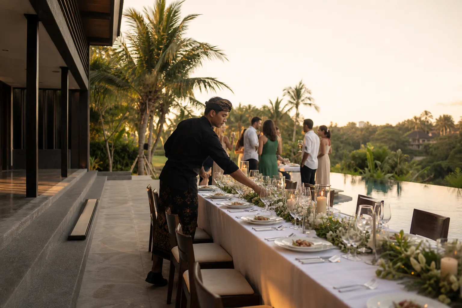 Elegant Bali villa wedding reception at sunset by myCHEF