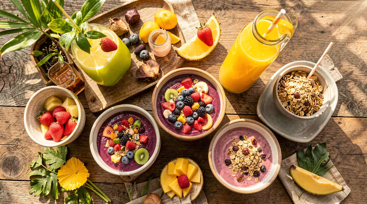 Healthy retreat breakfast with fruit and juices in Bali