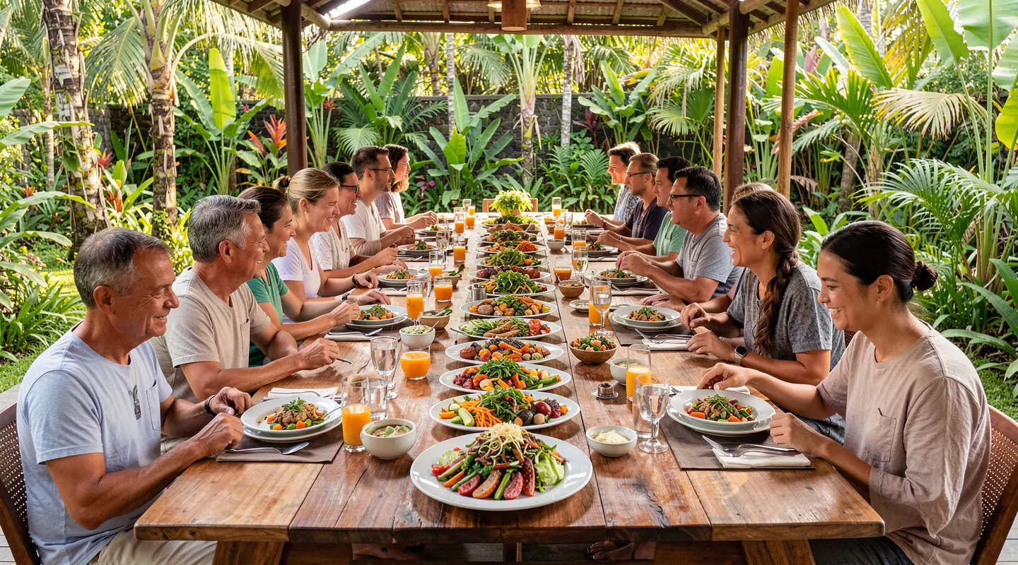 Long communal retreat dining table in Bali
