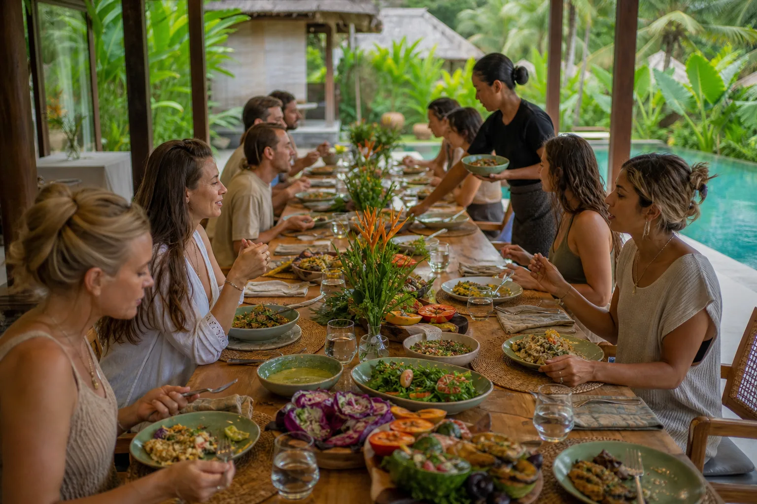 Communal retreat dining table in Bali