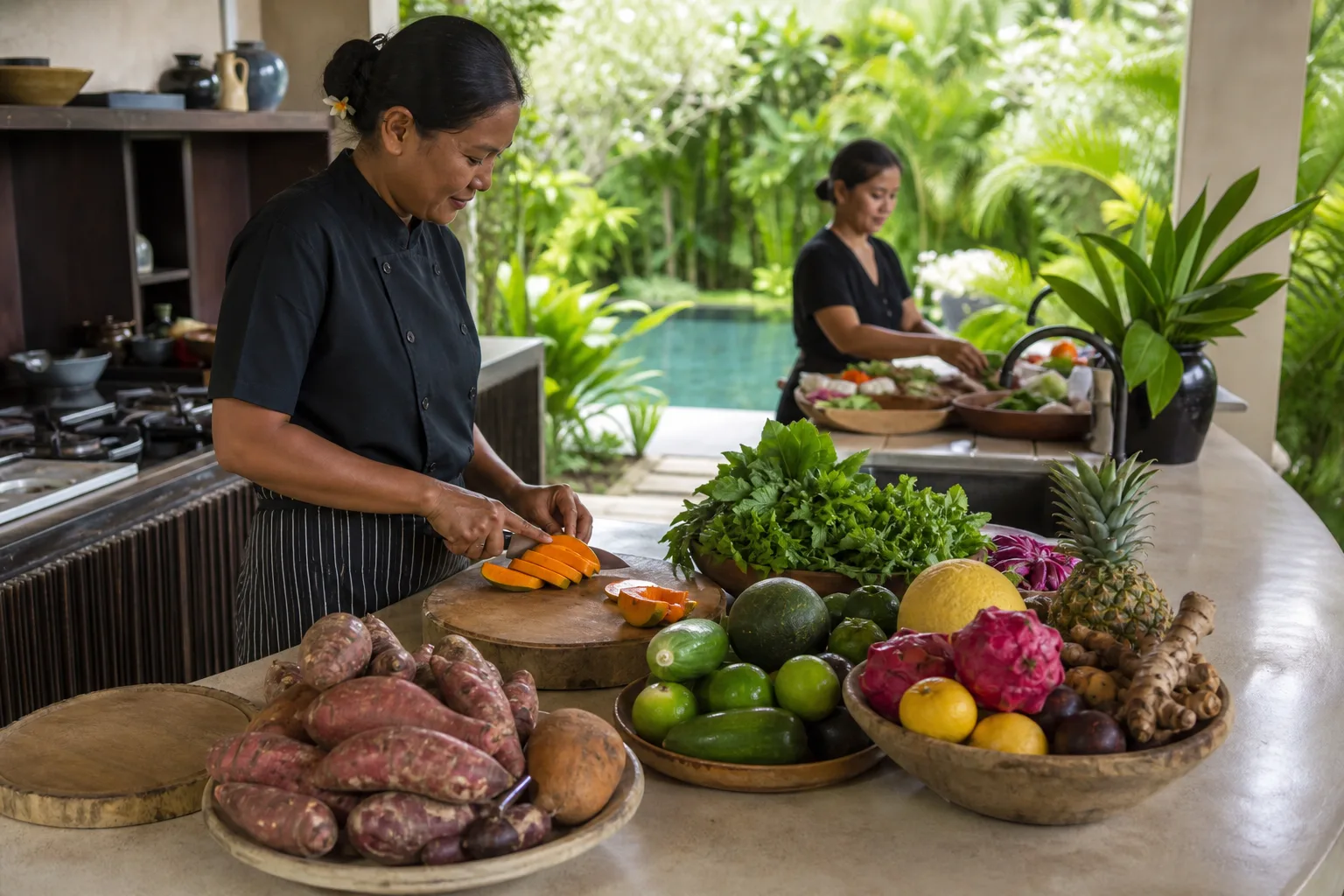 Fresh whole produce prepared for wellness retreat catering