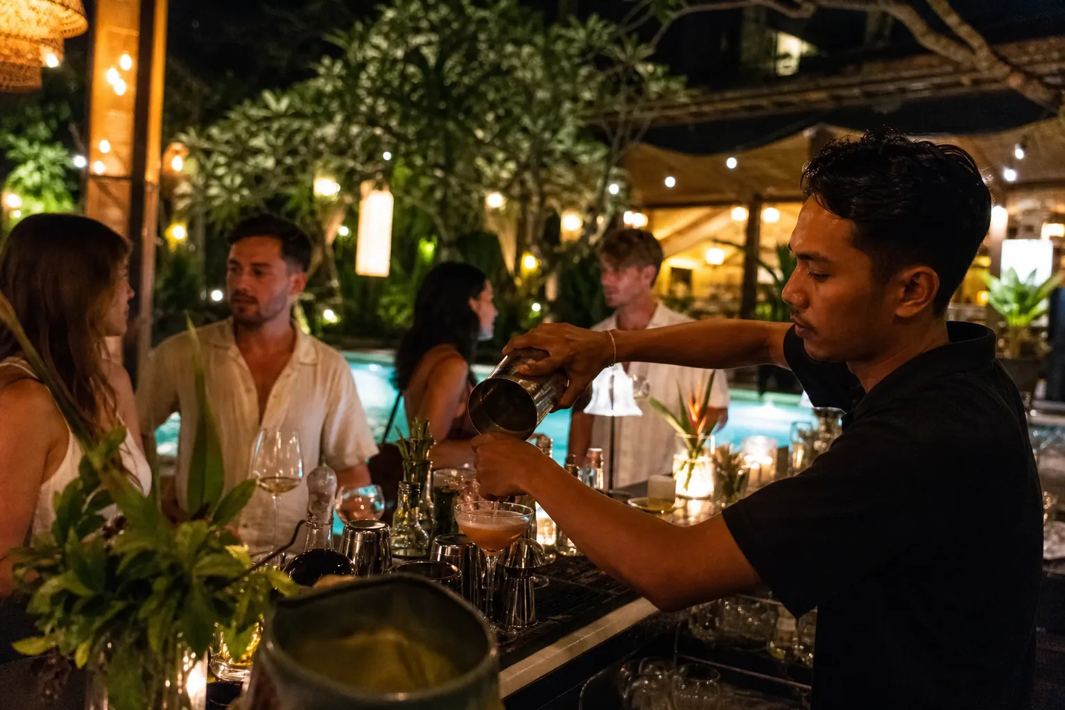 Stylish private bar setup at a Bali villa cocktail party
