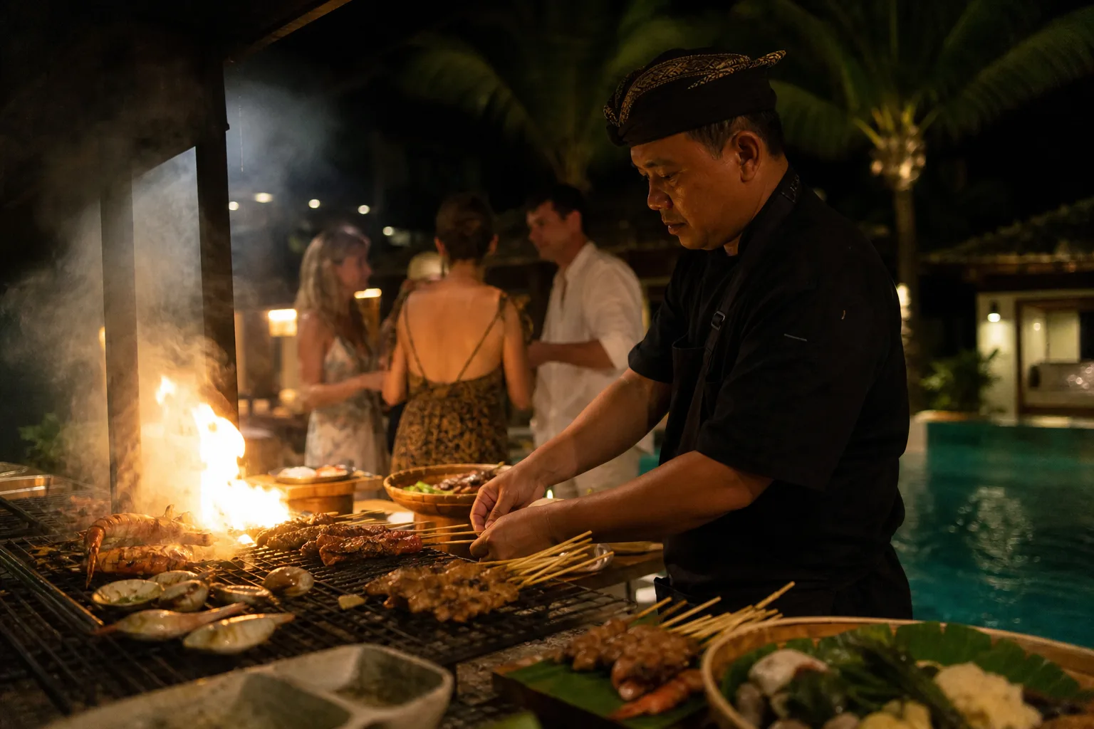 Luxury villa BBQ with cocktails and sharing dishes for friends holiday dinner in Bali