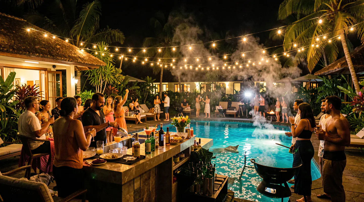 Night-time villa party with bar and pool lighting in Bali