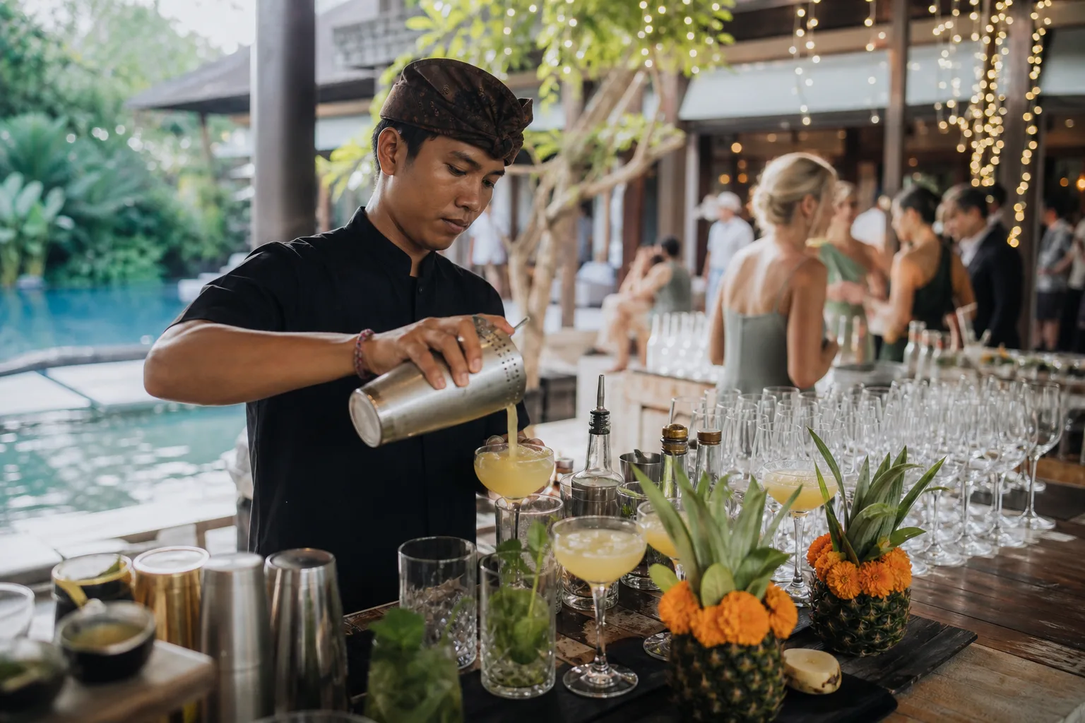 myCHEF bartender preparing signature cocktails at a Bali villa wedding