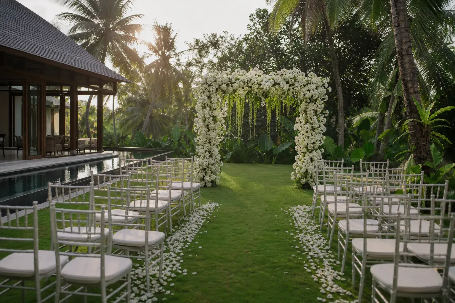 Elegant Bali villa wedding ceremony setup in a tropical garden