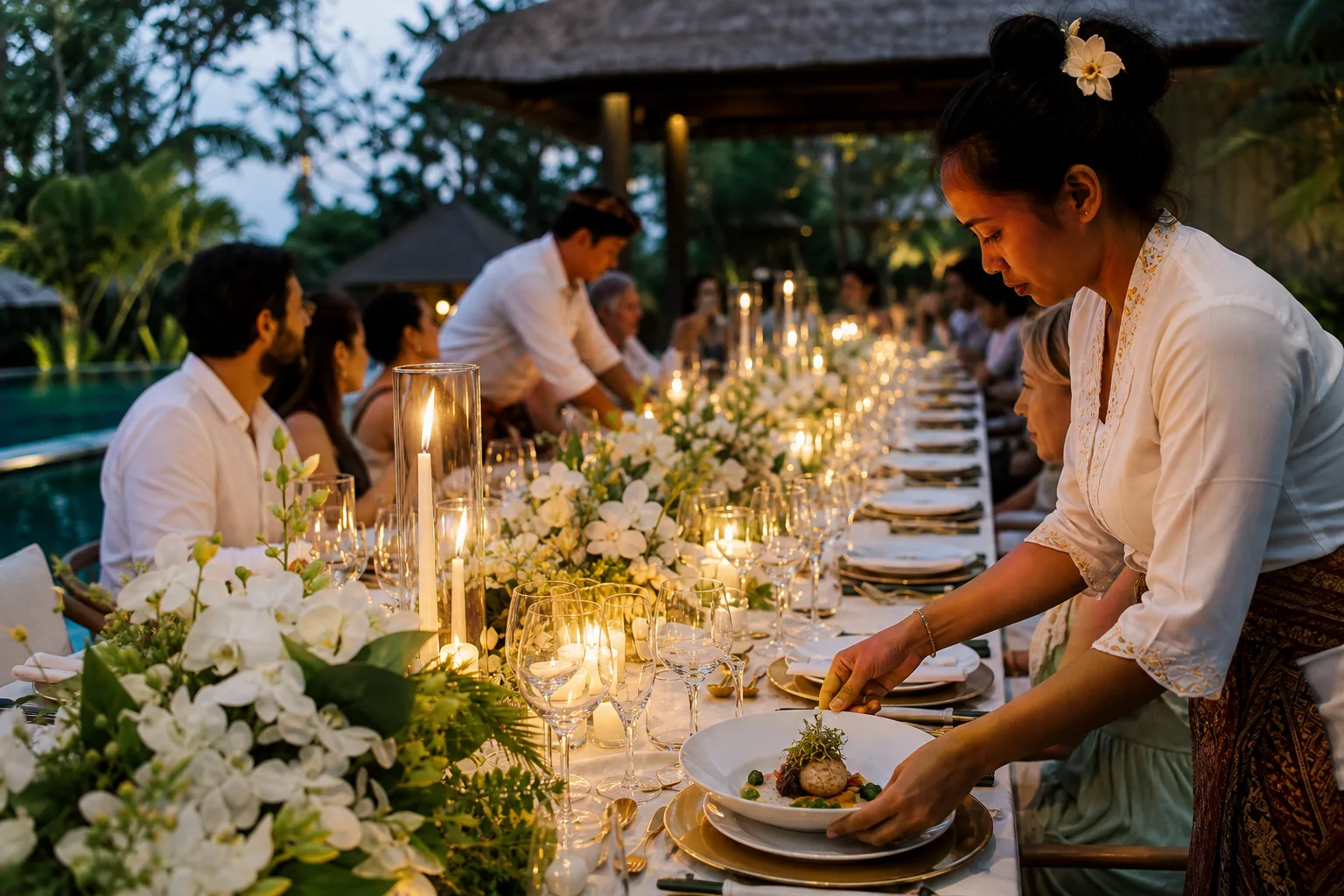 Elegant villa wedding reception table set beneath tropical greenery in Bali