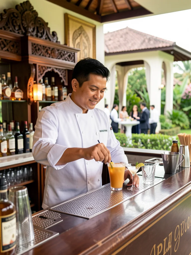 Professional waiter serving at Bali villa dinner