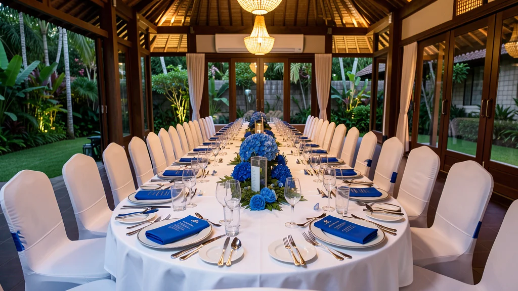 Completed buffet table with food ready and staff at Bali villa