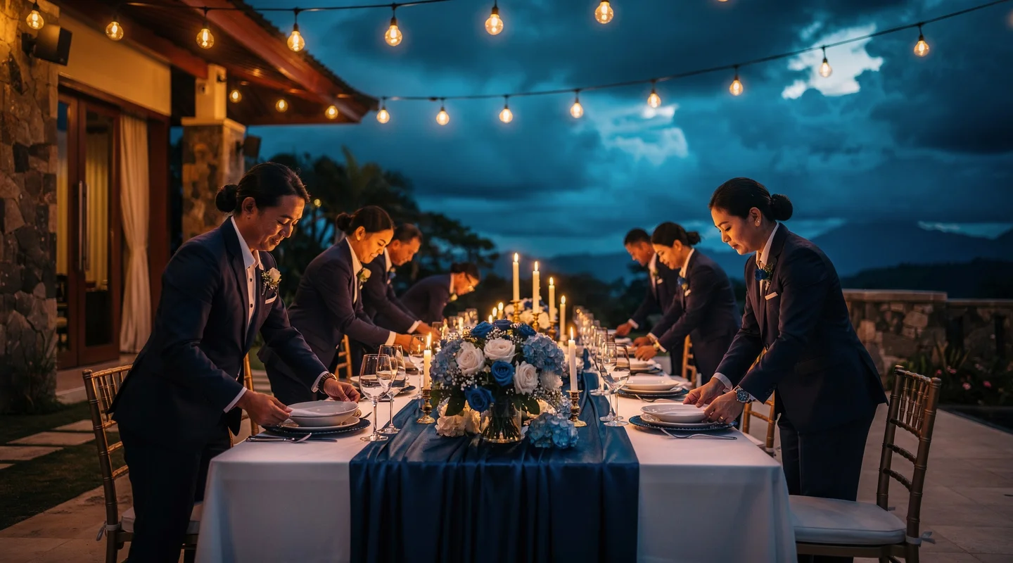 Uniformed myCHEF service team setting a long dinner table at a Bali villa