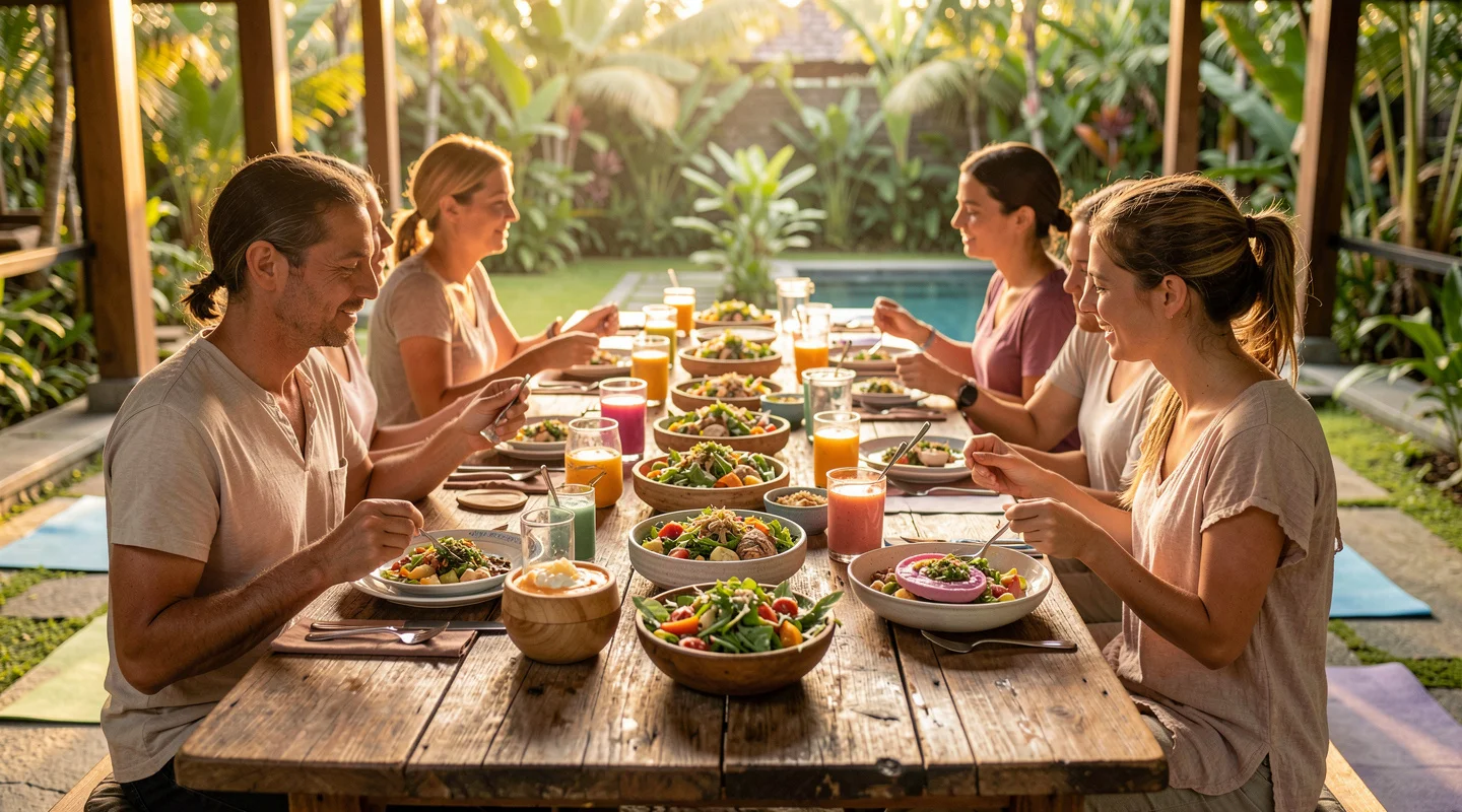 Healthy retreat catering in Bali with tropical breakfast bowls and yoga guests
