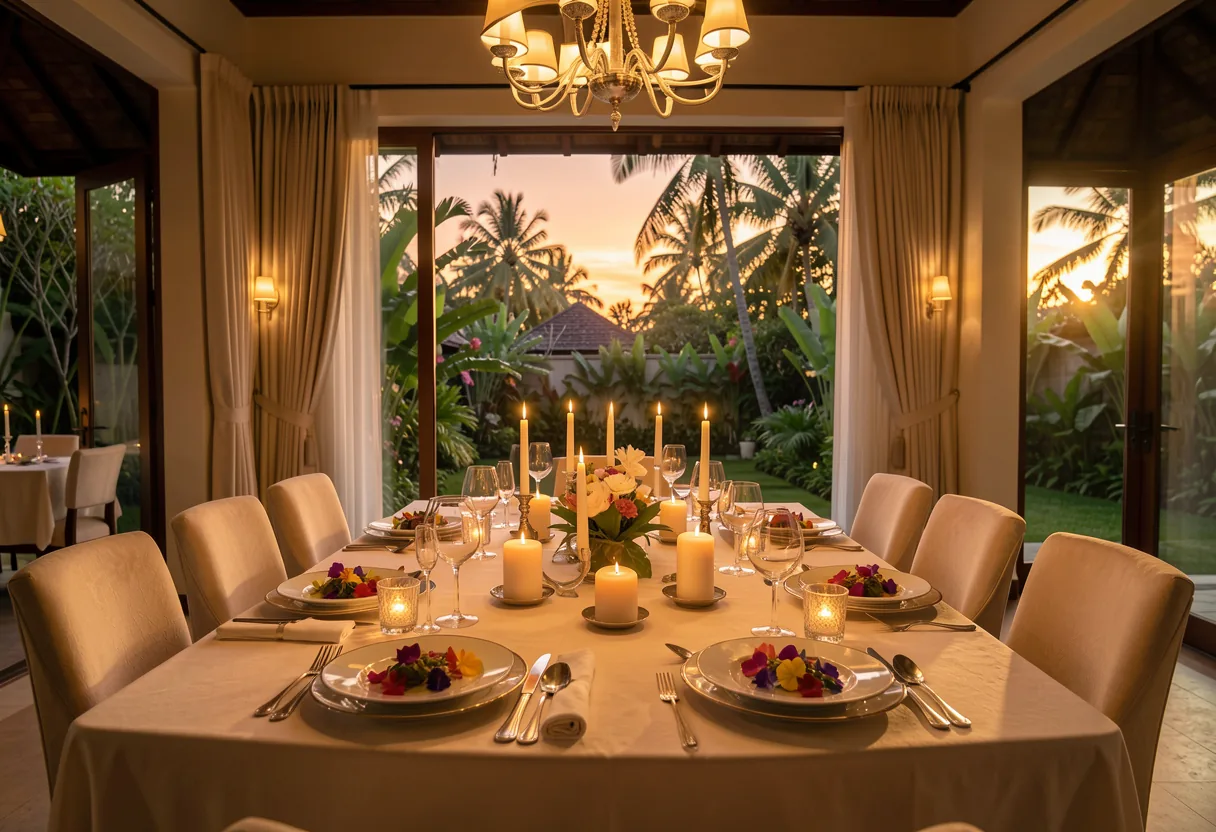 Candlelit private chef dinner table set inside a Bali villa