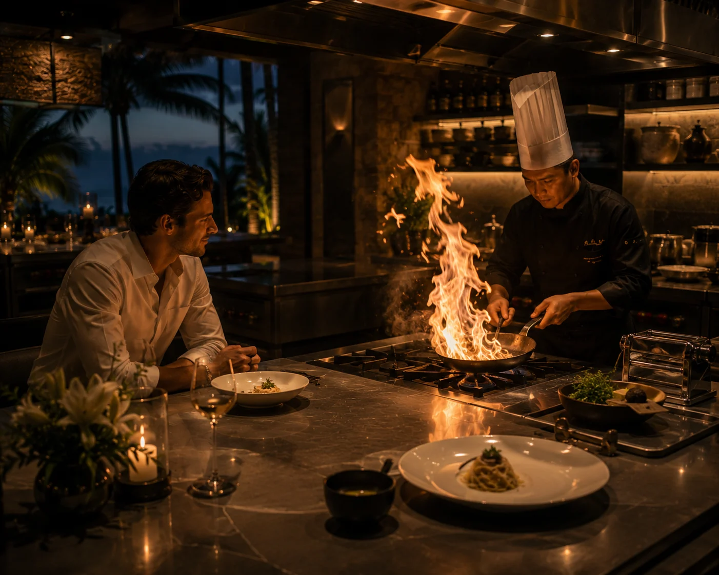 Chef cooking at an open kitchen station during a private villa dinner
