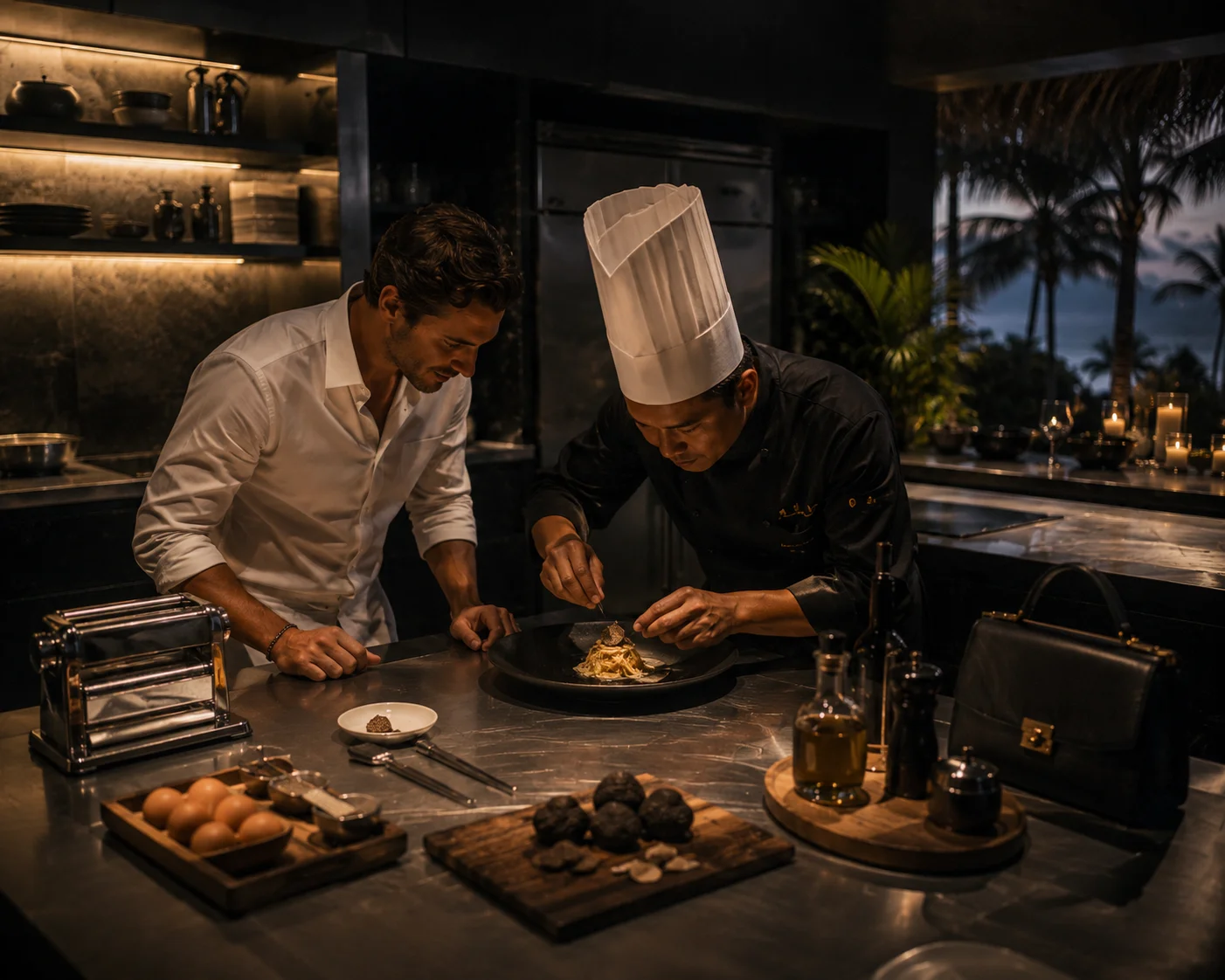 Private chef preparing a fine dining course in a Bali villa kitchen