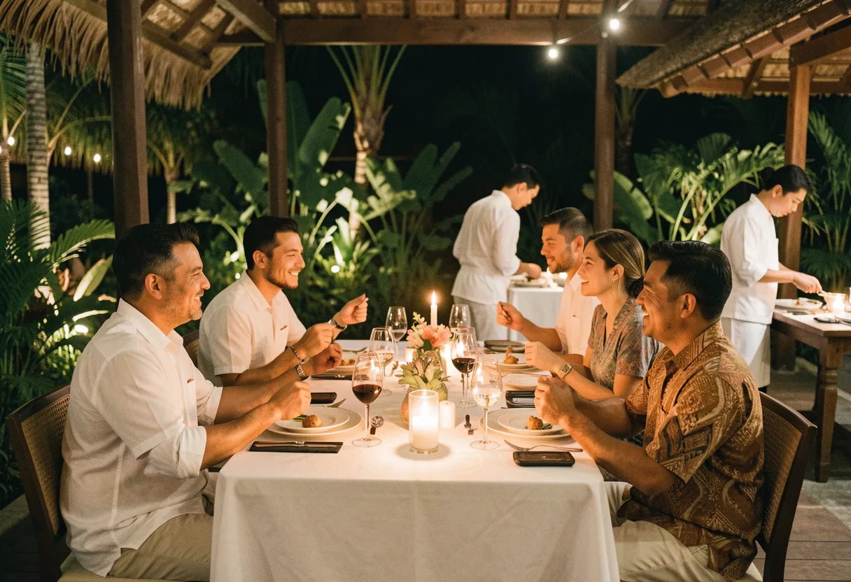 Michelin-trained private chef plating a tasting course in a Bali villa dining room at sunset