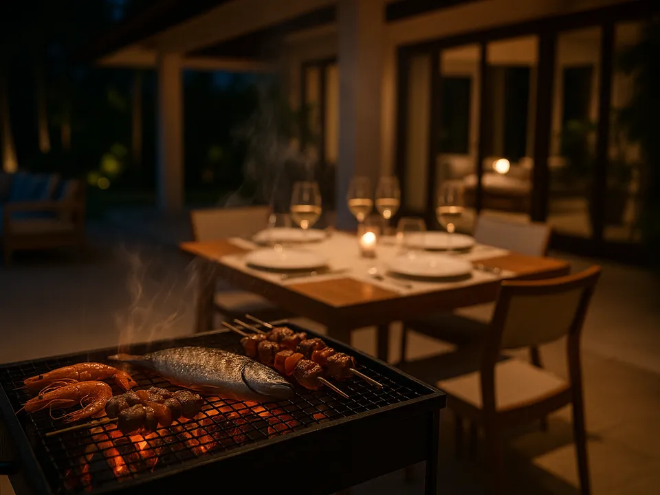 Private chef grilling satay, prawns and whole fish over charcoal at a Bali villa BBQ station