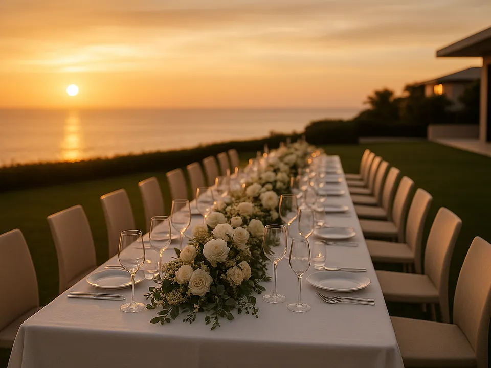 Long banquet table with flower runners and staffed service at a golden-hour Bali event
