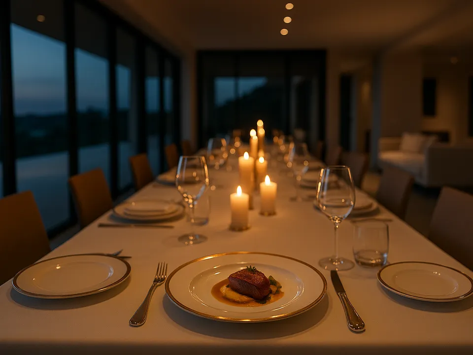 Plated duck breast course on a candlelit dining table inside a Bali villa