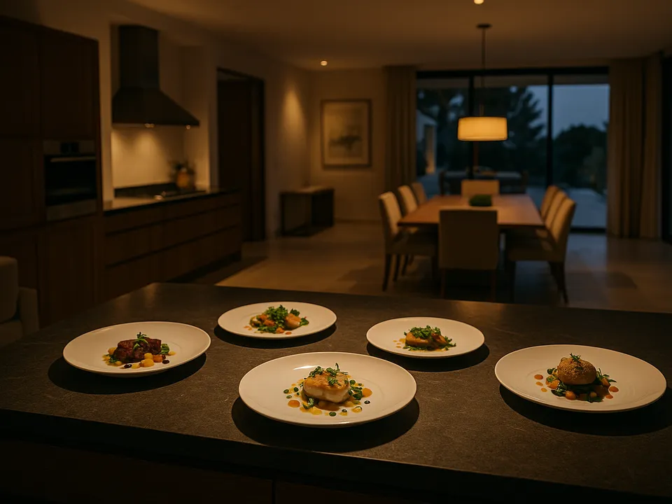 Private chef plating a fine dining course with tweezers in a Bali villa kitchen