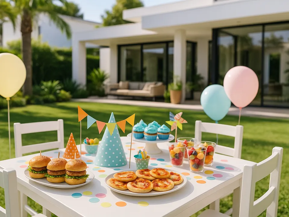 Kids' party table in a Bali villa with mini burgers, small pizzas, fresh fruit cups and cupcakes