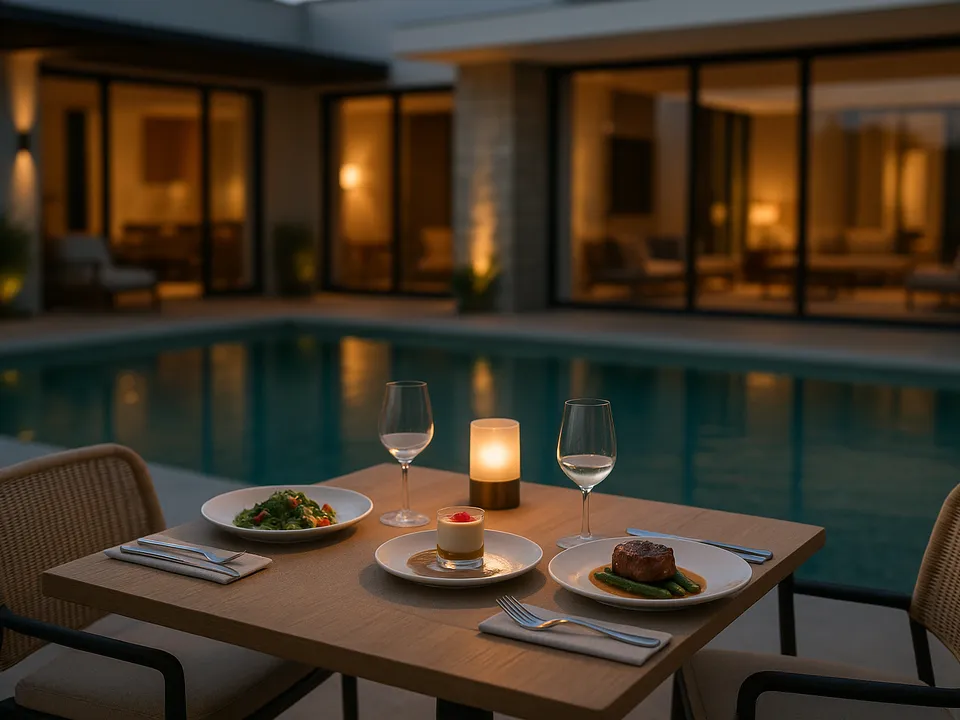 Three-course dinner of starter, herb chicken main and lemon tart served beside a Bali villa pool