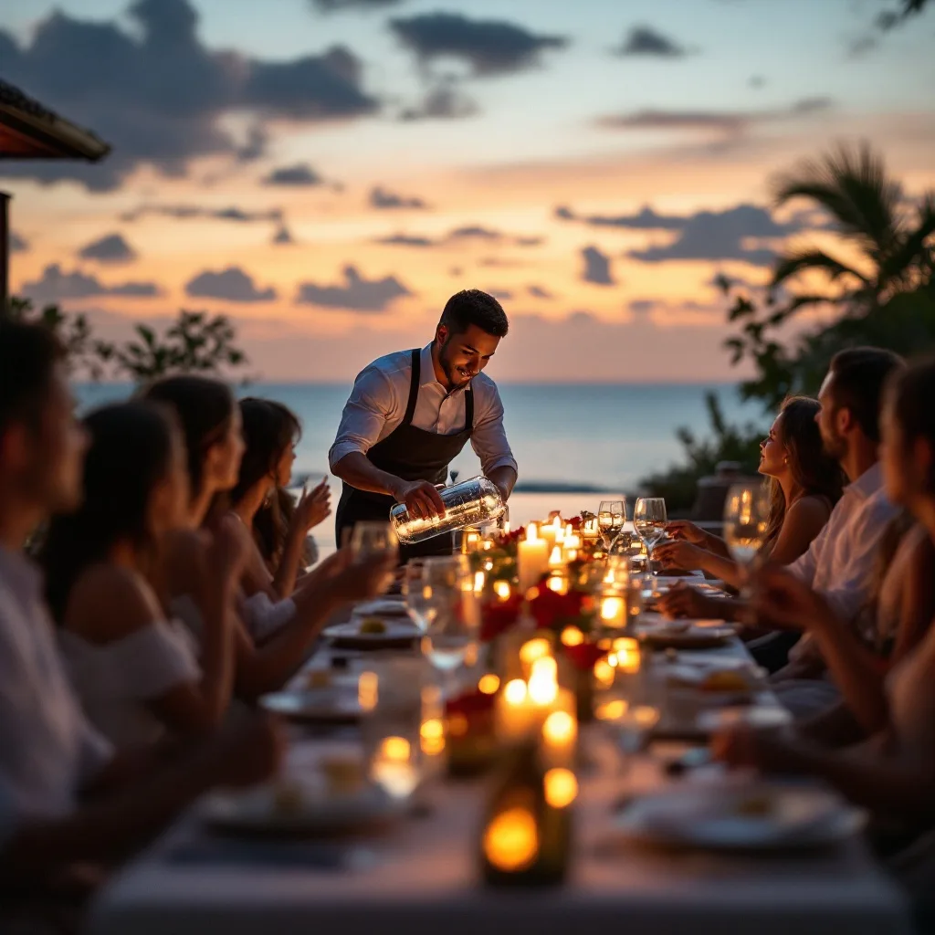 Guests dining on a Bali villa terrace served by a Balinese waiter