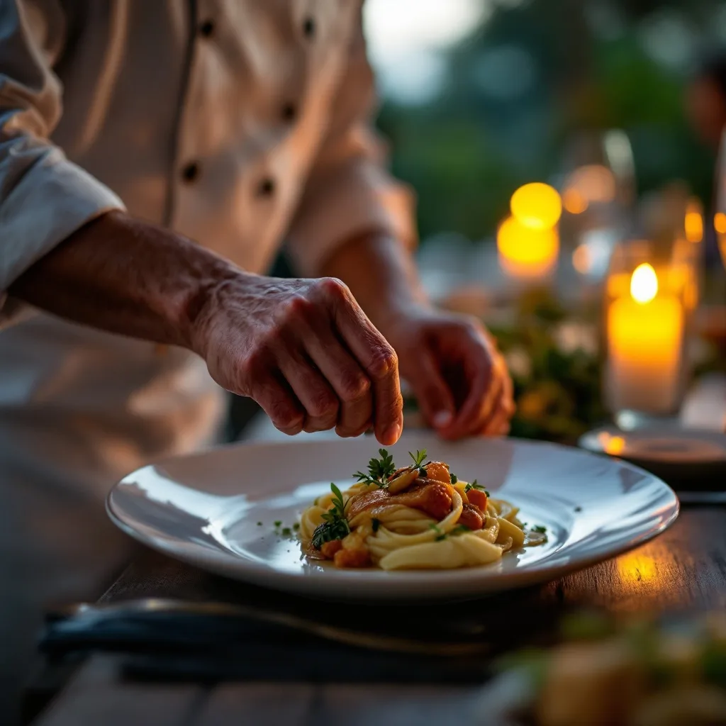 Balinese private chef presenting a dish to guests at a Bali villa