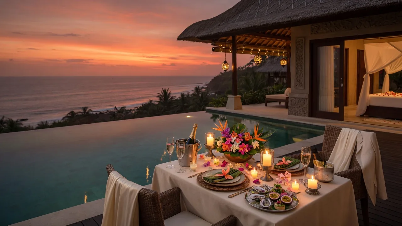 Private chef serving a romantic candlelit dinner for two at a Bali villa poolside