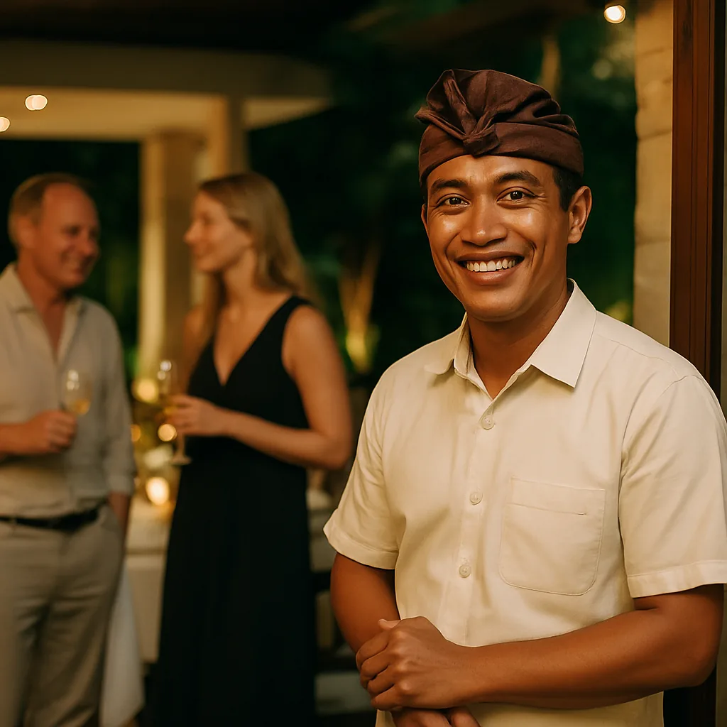 Balinese host coordinating a Bali villa dinner party