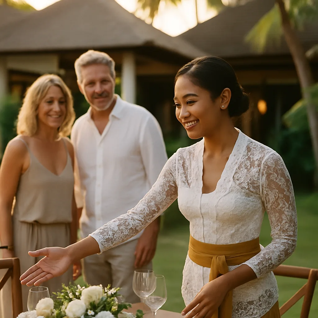 Balinese hostess guiding guests at a Bali villa celebration