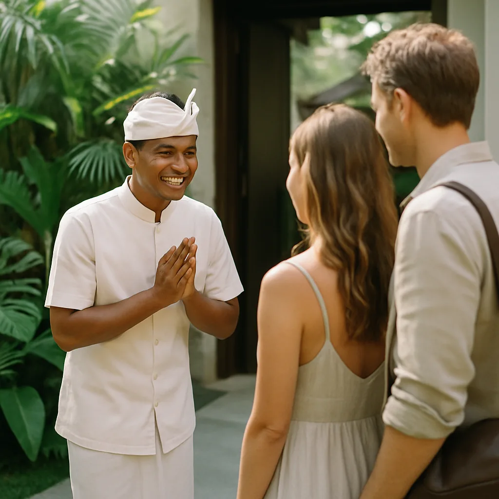 Balinese butler welcoming guests at a luxury Bali villa