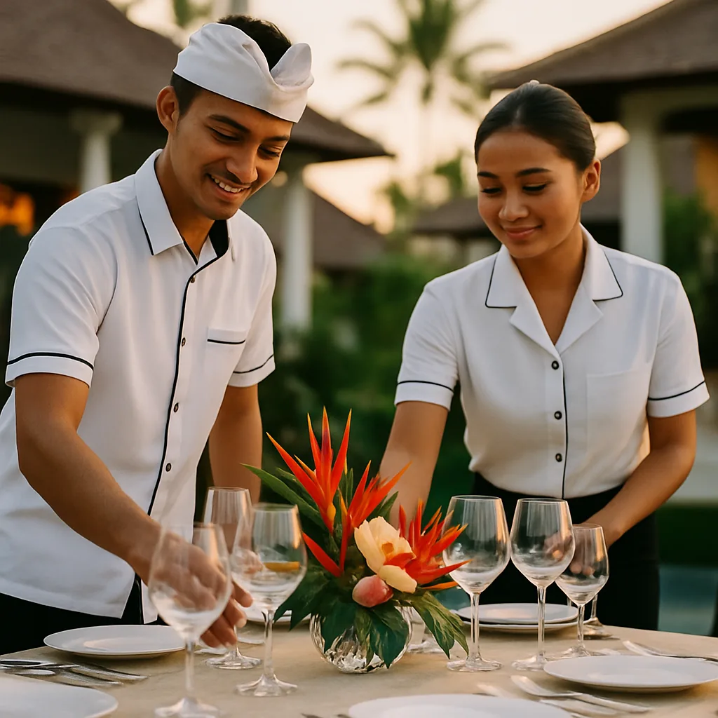 Balinese waitstaff setting an elegant table at a Bali villa