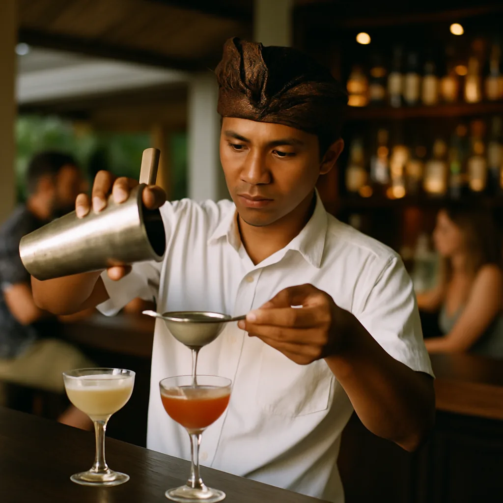 Balinese bartender making cocktails at a Bali villa