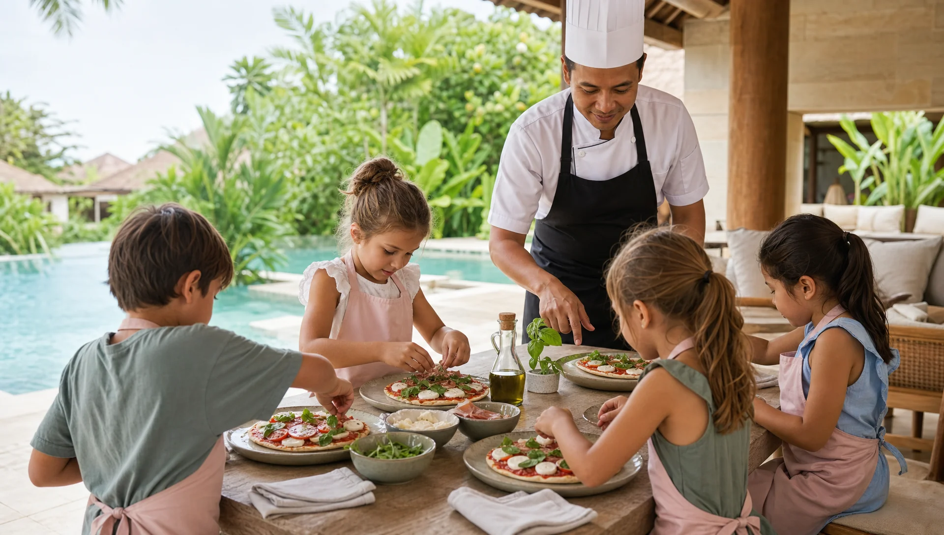 Kids birthday party Bali chef party with pizza making and cupcake decorating