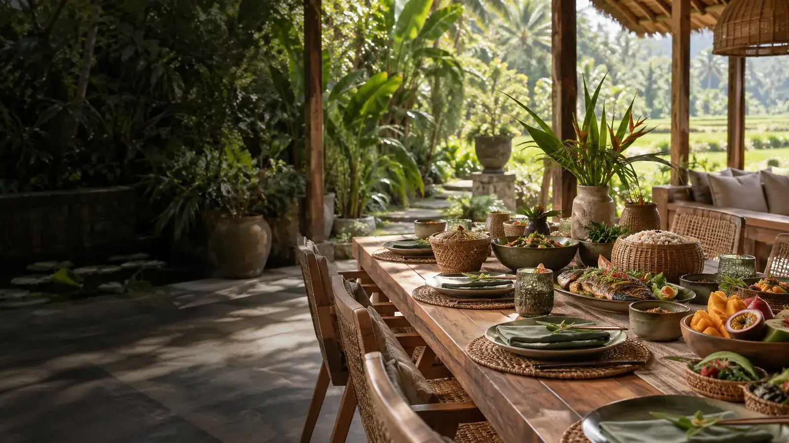 Shared dishes at a wooden table beside a tropical garden
