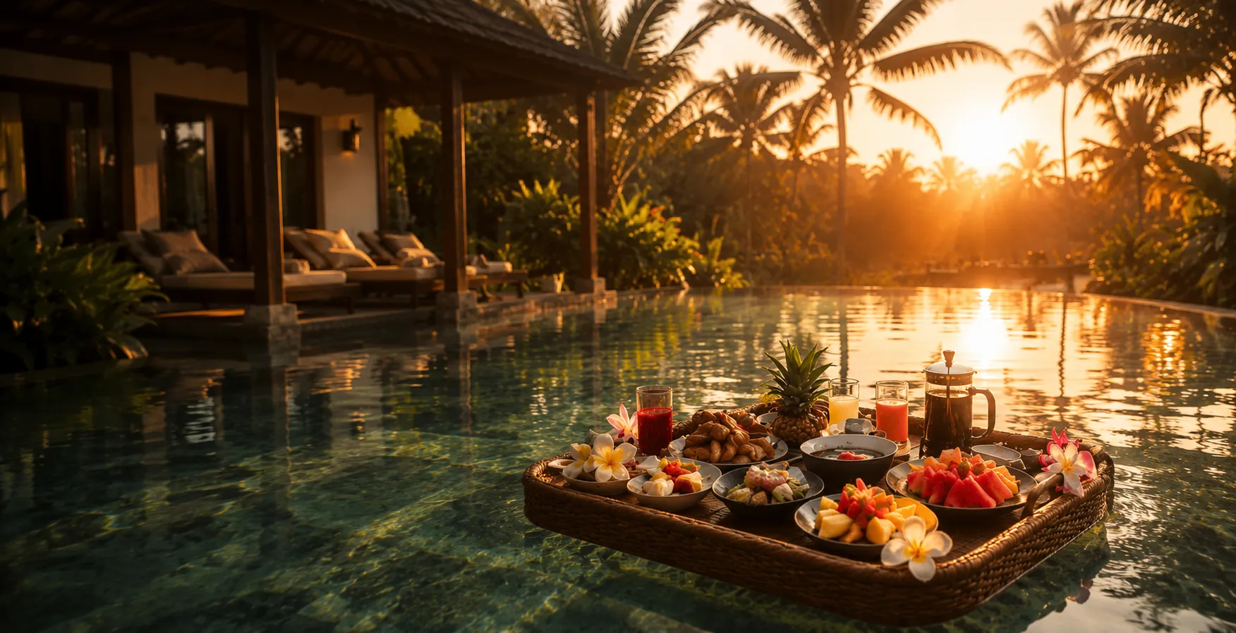 Floating breakfast bamboo tray in a Bali villa pool at sunset with tropical fruit, coffee, and flowers