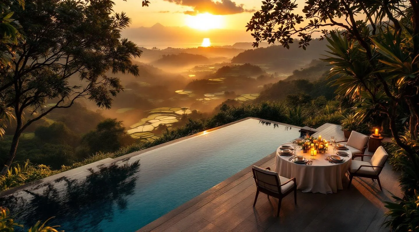 Luxury Bali villa with private dining setup at golden hour overlooking rice terraces and the Indian Ocean