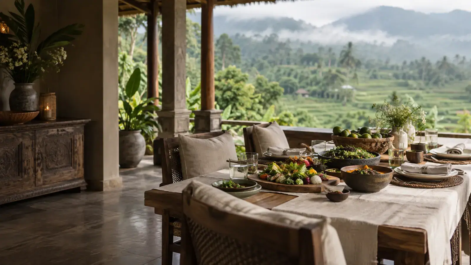 A covered dining table with shared dishes and green hillside views