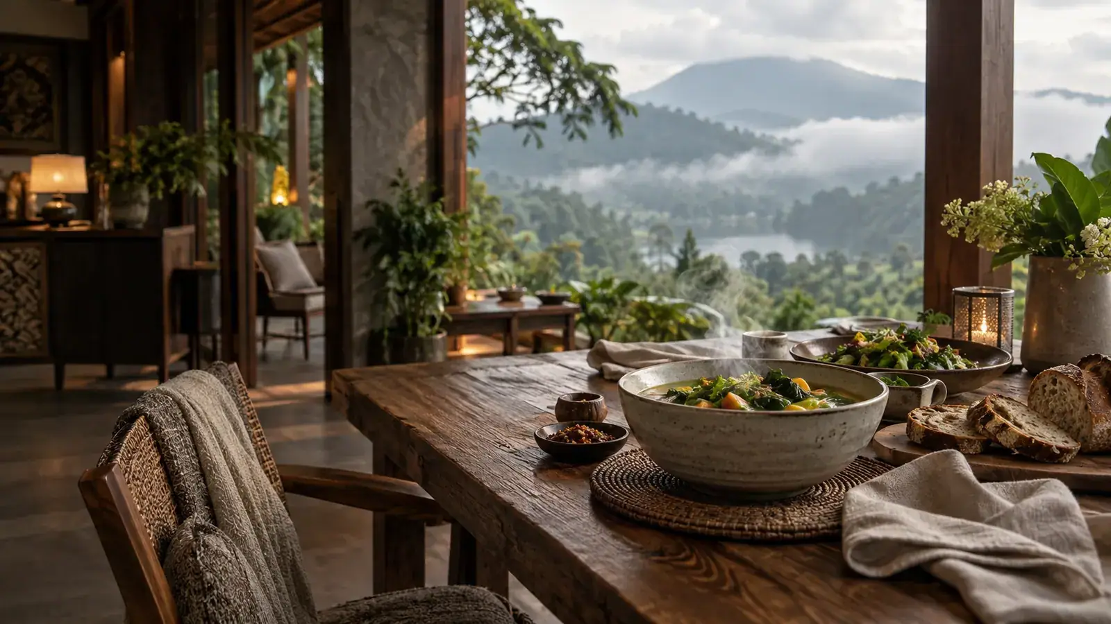 Vegetable dishes at an open dining table overlooking misty hills